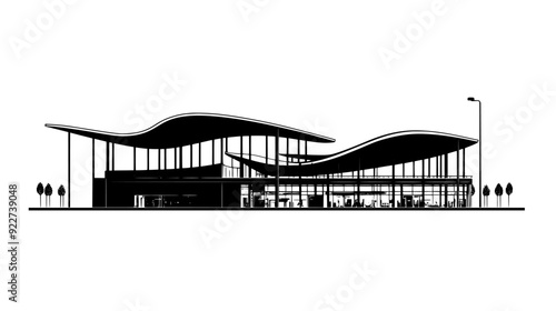 Shopping center with undulating roof, slender columns, and open-air atrium, vector illustration art
