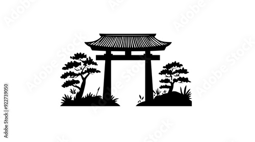 Shinto shrine with torii gate and thatched roof, vector illustration art
