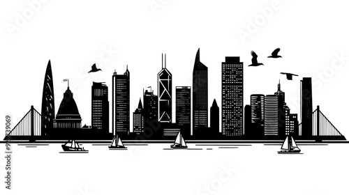 Skyline featuring a mix of historic and modern buildings, bridges, and waterfront areas, vector illustration art