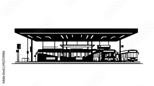 Spacious bus station with large central canopy, multiple platforms, and adjacent ticketing offices, vector illustration art