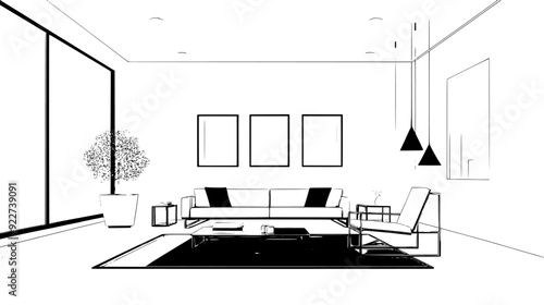 Spacious room with minimalist furniture and clean lines, featuring a central seating arrangement, vector illustration art