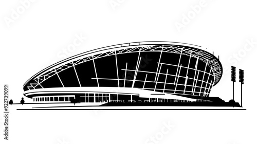 Sports stadium with elliptical shape, retractable roof, and exterior grid-like pattern, vector illustration art