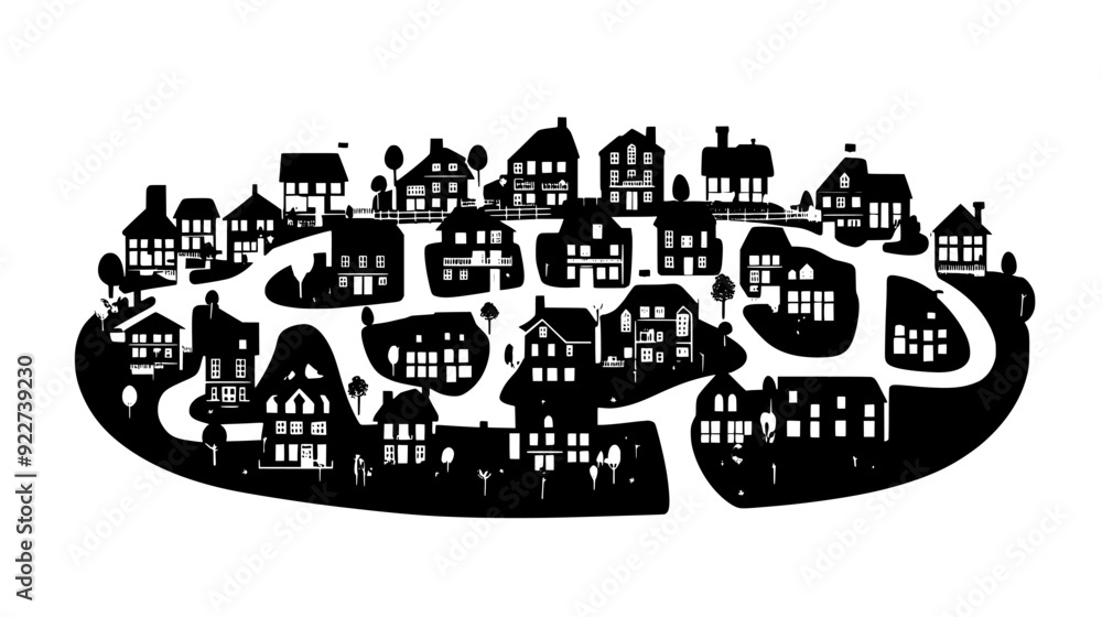 Obraz premium Suburban neighborhood layout showing streets, houses, and green spaces, vector illustration art