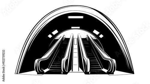 Subway station entrance with escalators to underground platforms, vector illustration art