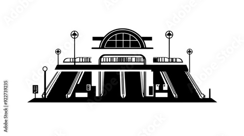 Subway system with underground tunnels, station platforms, and entrance escalators, vector illustration art