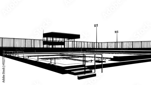 Swimming pool complex with multiple pools, diving boards, enclosed by a tall fence, vector illustration art