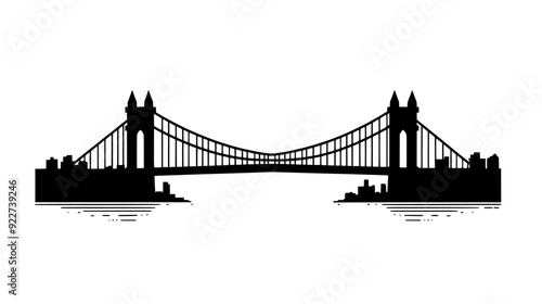 Suspension bridge spanning a wide river, connecting two urban areas, vector illustration art