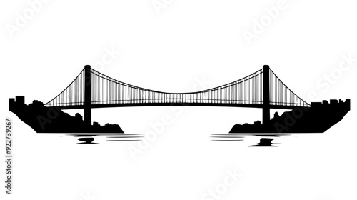 Suspension bridge spanning a wide river, connecting two urban areas, vector illustration art