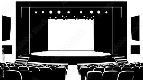 Theater with stage, auditorium seating, and backstage areas for performers and crew, vector illustration art