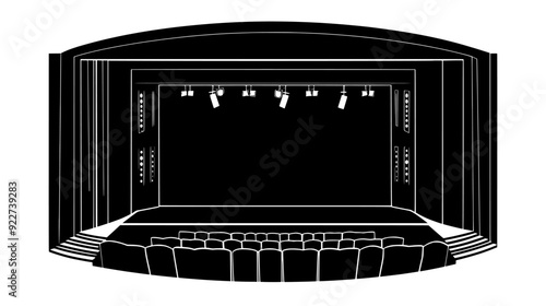 Theater with stage, auditorium seating, and backstage areas for performers and crew, vector illustration art
