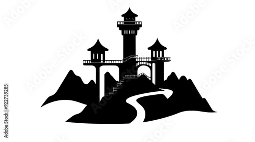 Tower on a mountain with winding pathways and bridges, vector illustration art