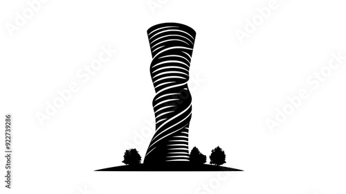 Tower with a twisting, helical form and reflective facade, vector illustration art