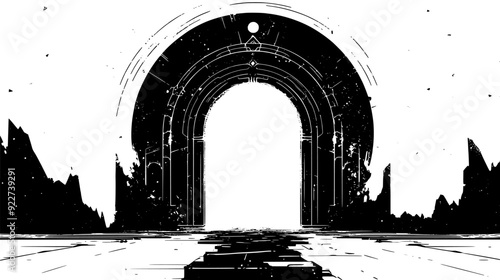 Towering gateway with mystic runes and an ethereal glow emanating from the archway, vector illustration art