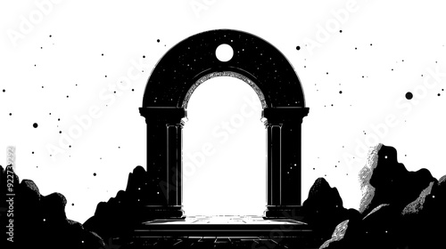 Towering gateway with mystic runes and an ethereal glow emanating from the archway, vector illustration art