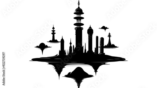 Towering spire with an ornate finial, surrounded by floating islands, vector illustration art