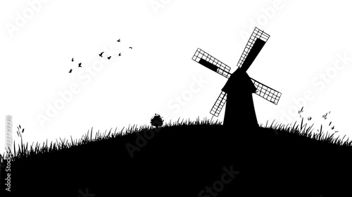 Traditional windmill situated on a grassy hill, with open skies and minimal structures nearby, vector illustration art