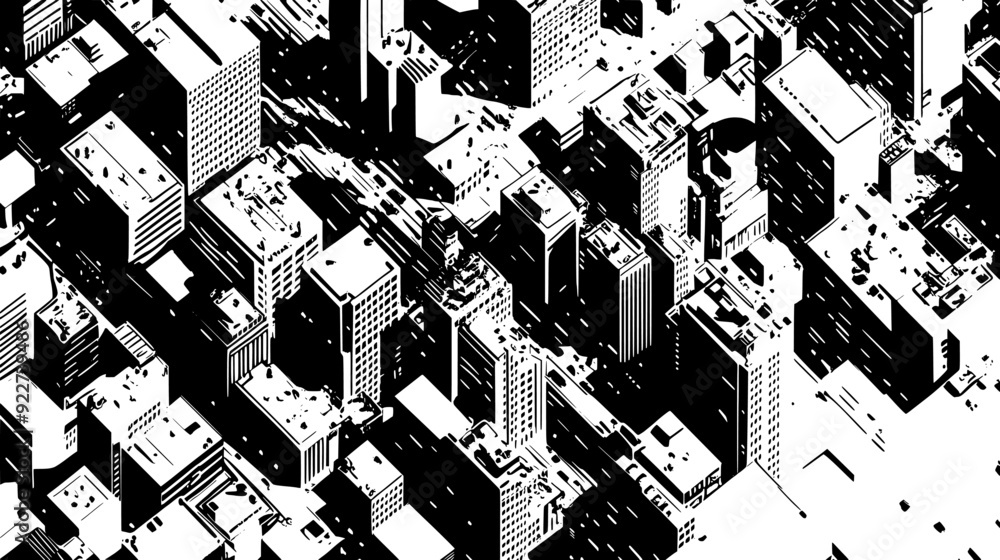 Aerial perspective of a bustling downtown area, featuring numerous buildings and intersecting streets, vector illustration art Aerial perspective of a bustling downtown area, featuring numerous buildings and intersecting streets, vector illustration art