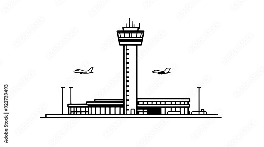 Air traffic control tower standing tall near the terminal building, vector illustration art Air traffic control tower standing tall near the terminal building, vector illustration art