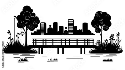 Waterfront promenade with a boardwalk, landscaped gardens, and viewing platforms, vector illustration art