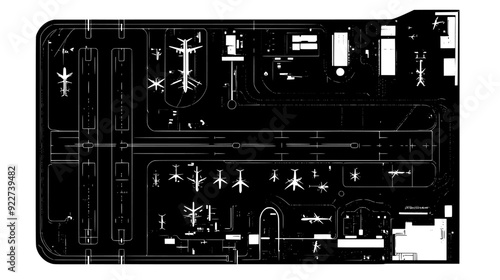 Aerial view of airport grounds including runways, taxiways, and terminal buildings, vector illustration art