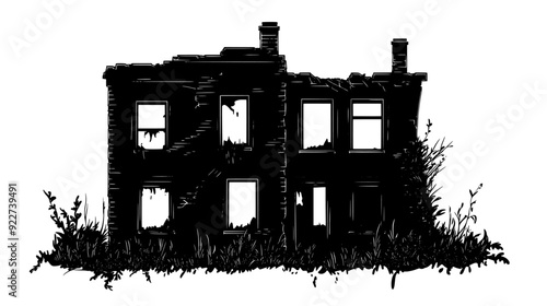An abandoned mansion with broken windows, collapsing walls, and overgrown gardens, vector illustration art