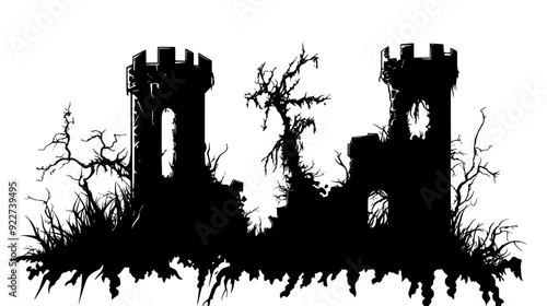 Abandoned castle with deteriorating walls and vines, vector illustration art