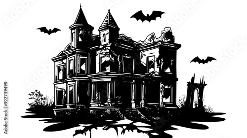 An abandoned mansion with broken windows, collapsing walls, and overgrown gardens, vector illustration art