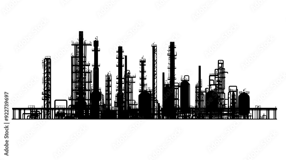 An oil refinery complex featuring numerous towers, pipes, and tanks interconnected by metal walkways, vector illustration art An oil refinery complex featuring numerous towers, pipes, and tanks interconnected by metal walkways, vector illustration art