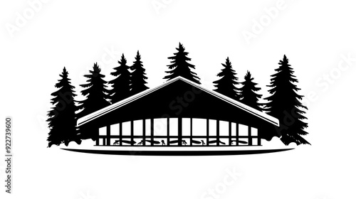Ice skating rink with a peaked roof near evergreen trees, vector illustration art