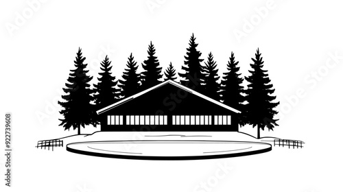 Ice skating rink with a peaked roof near evergreen trees, vector illustration art
