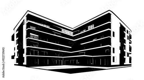 L-shaped apartment building with a courtyard and a series of balconies, vector illustration art