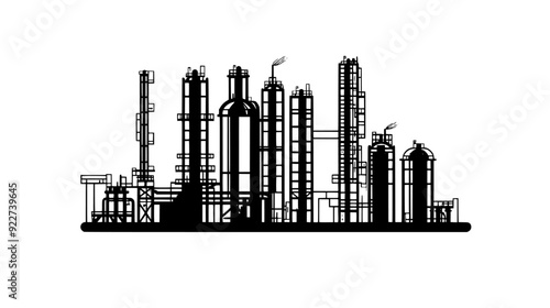 An oil refinery complex featuring numerous towers, pipes, and tanks interconnected by metal walkways, vector illustration art