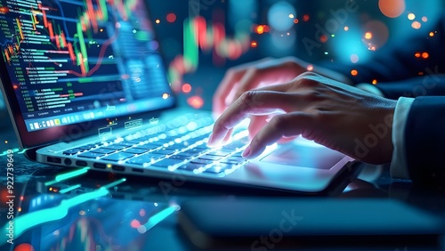 Close-up of a cybersecurity professional working on multiple monitors with glowing data, representing digital security.