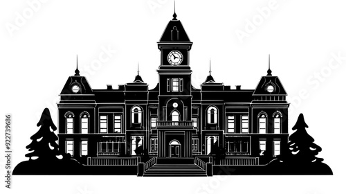 An old city hall with a clock tower and a grand staircase, vector illustration art