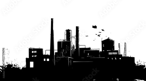 Old industrial complex with rusting machinery, broken windows, and collapsed roofs, vector illustration art
