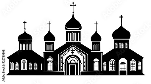 Orthodox church with onion domes and cross-topped spire, vector illustration art