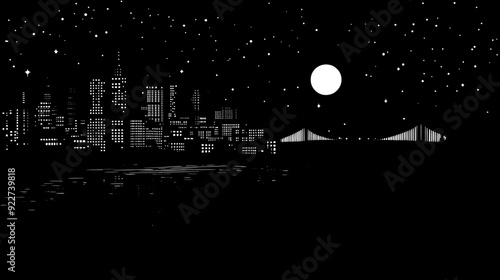 Urban skyline seen at night with lights from buildings, a few bridges, and a river, vector illustration art