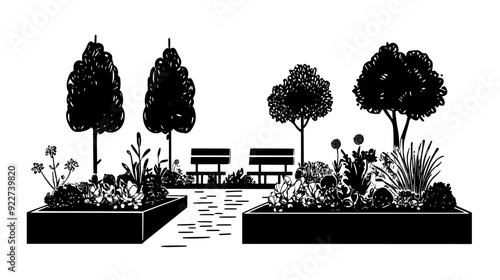 An urban garden with raised flower beds, walking paths, and seating areas, vector illustration art