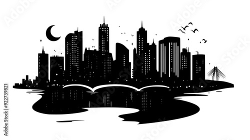 Urban skyline seen at night with lights from buildings, a few bridges, and a river, vector illustration art