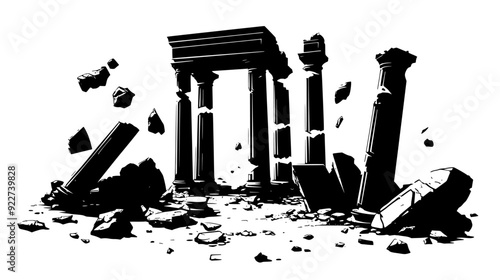 Ancient temple ruins with fallen pillars and fragmented statues scattered around, vector illustration art