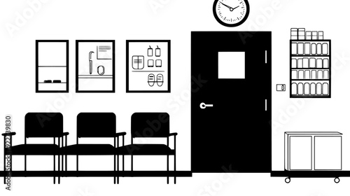 Urgent care center with treatment rooms, waiting area, and medical supply storage, vector illustration art