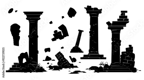Ancient temple ruins with fallen pillars and fragmented statues scattered around, vector illustration art