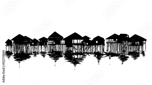 Bamboo huts elevated on stilts, forming a linear village along a waterway, vector illustration art