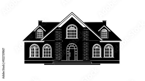 Brick structure with a steep, pitched roof and symmetrical window placement, indicative of historical design, vector illustration art