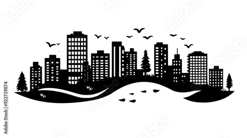 Broad urban area view with buildings, river, and nearby forest, vector illustration art
