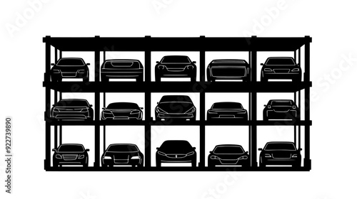 Cars arranged in an orderly fashion within a multi-level parking garage, including structural support elements, vector illustration art