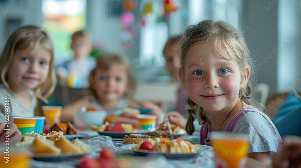 Young girl in party hat smiling at a birthday celebration. Young girl in party hat smiling at a birthday celebration.