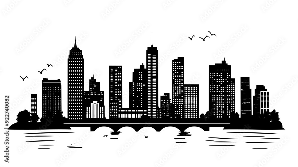 Fototapeta premium Distinctive tower with surrounding buildings and bridge over river, vector illustration art