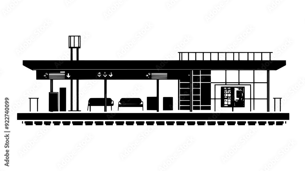Elevated monorail station featuring tracks, platform, waiting area, and signage indicating directions and routes, vector illustration art Elevated monorail station featuring tracks, platform, waiting area, and signage indicating directions and routes, vector illustration art
