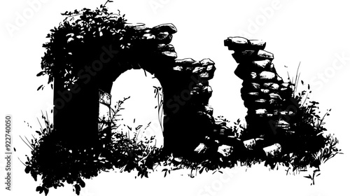 Crumbling stone walls and archways of an ancient structure overgrown with vegetation, vector illustration art